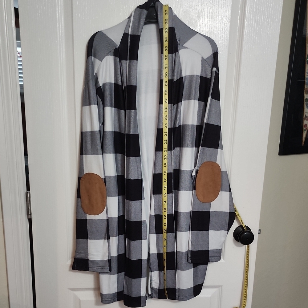 Oversized Plaid Open-Front Jacket with Elbow Patches